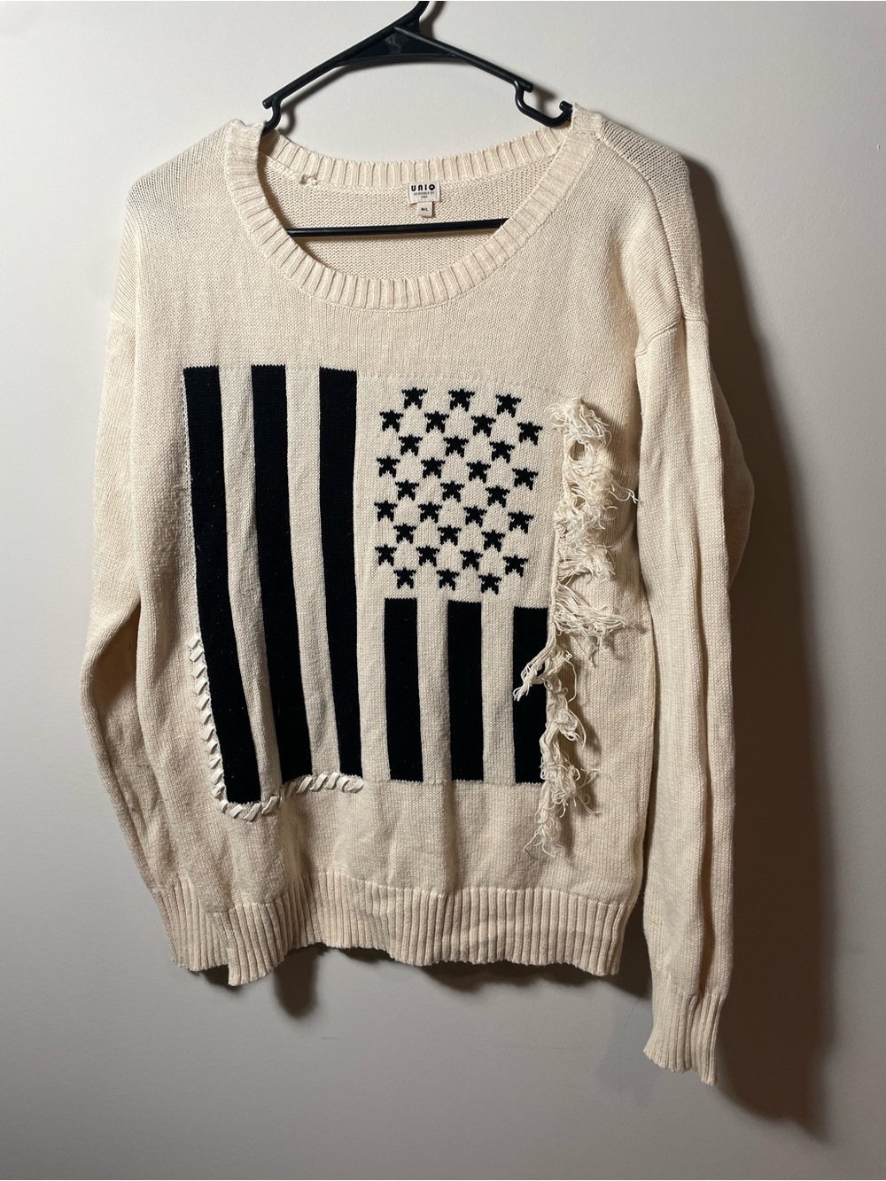 UAIQ women’s M/L Cream Distressed Flag Knit Sweater
